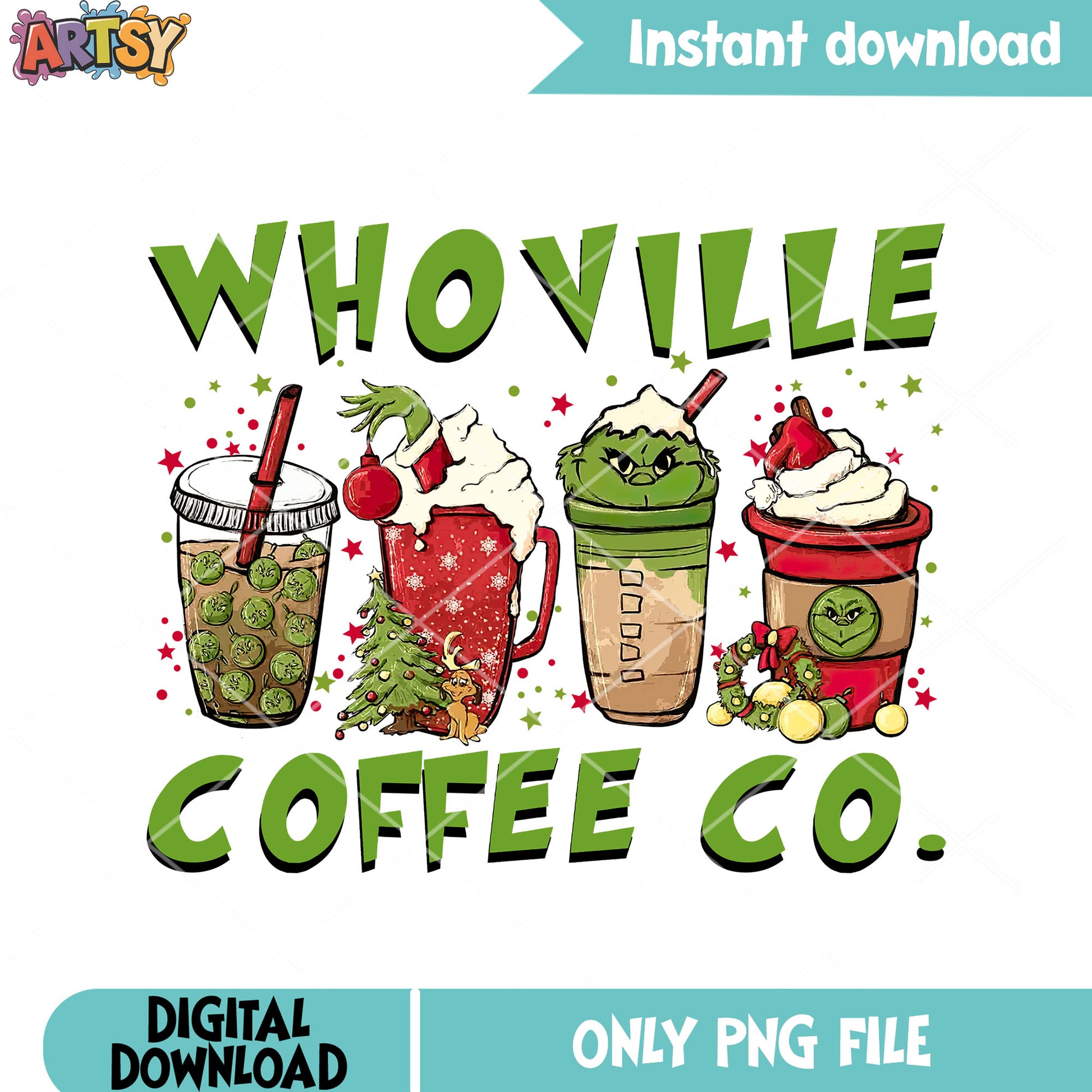 Whoville drink christmas png, christmas vibes png, the grinch png