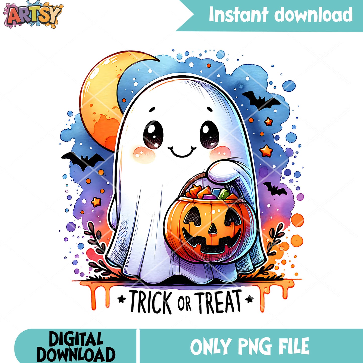 Wicker pumpkin Cresent moon png, ghost baby png, halloween scary png