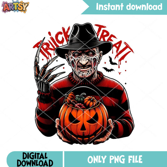 Wicker pumpkin Freddy Krueger png, trick or treat png, scary halloween png