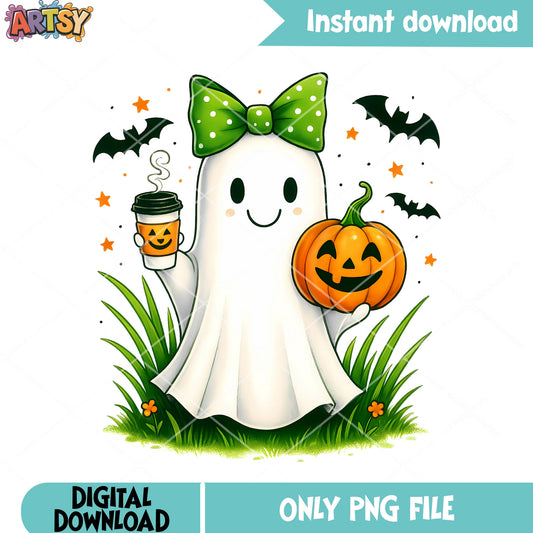 Wicker pumpkin ghost png, green bow tie png, halloween scary png