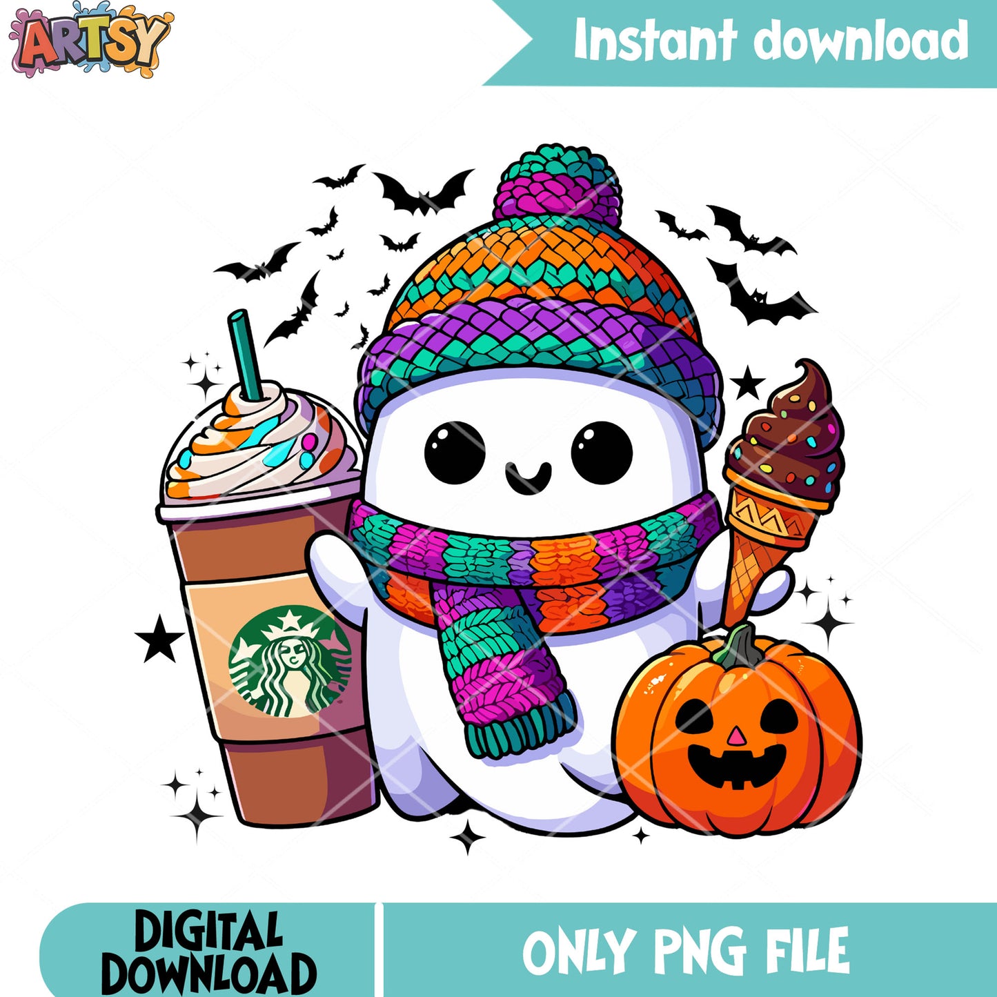 Wicker pumpkin icecream png, ghost costume png, scary halloween png
