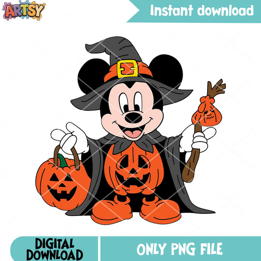 Wicker pumpkin mickey mouse png, witch costume png, halloween disney png