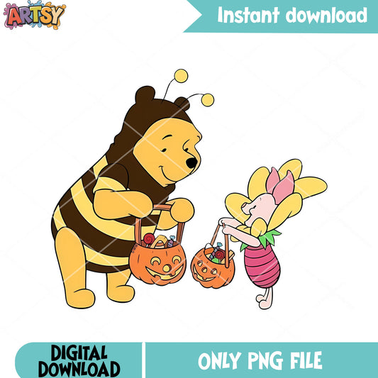 Wicker pumpkin pooh and flower png, disney halloween png, Bee costume png 