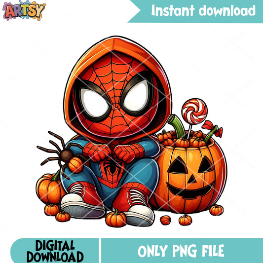 Wicker pumpkin spider man png, trick or treat png, halloween marvel png