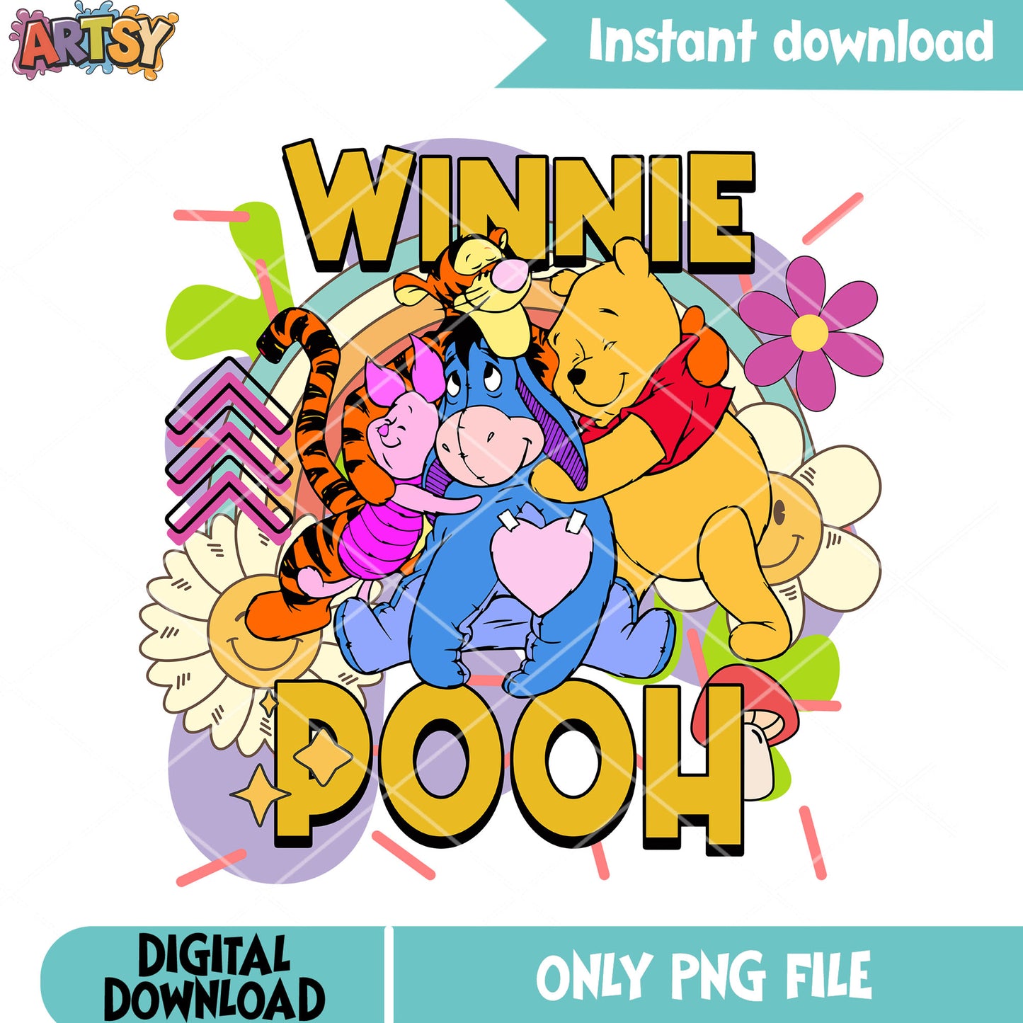 Winnie Pooh friends hug with rainbow png, winnie the pooh cartoon​ png