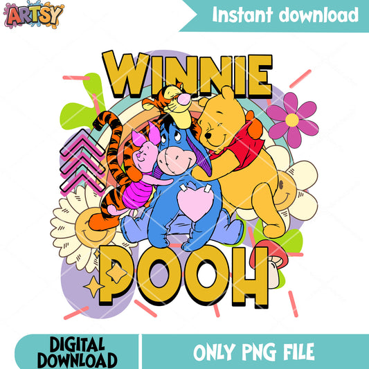 Winnie Pooh friends hug with rainbow png, winnie the pooh cartoon​ png
