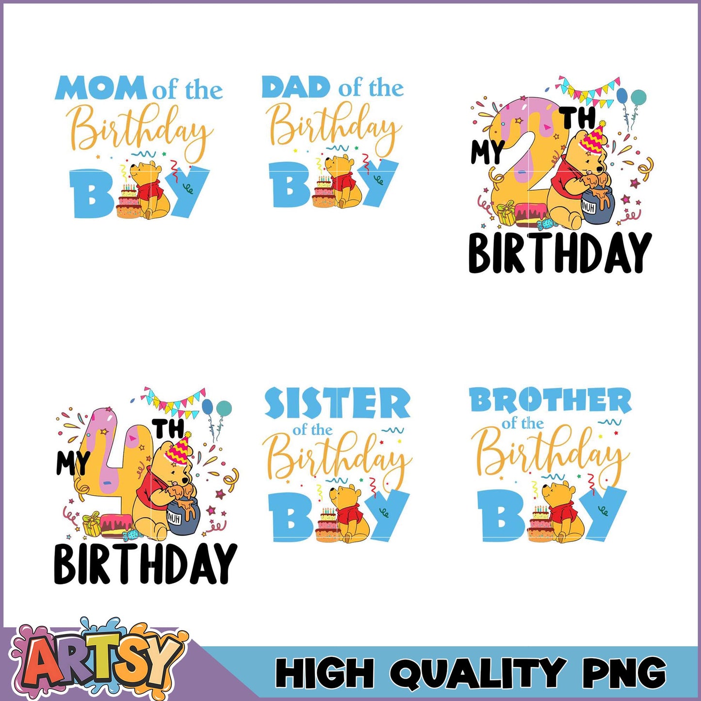 Winnie the Pooh Birthday PNG Bundle Mom, Dad, Sibling Designs