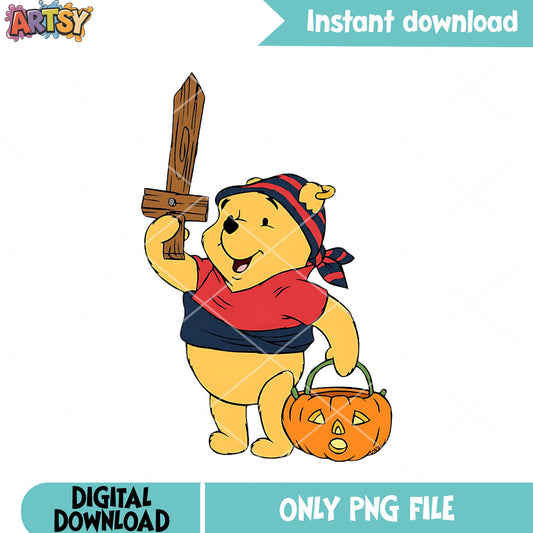 Winnie the pooh  pirate costume png, wicker pumpkin png, disney halloween png