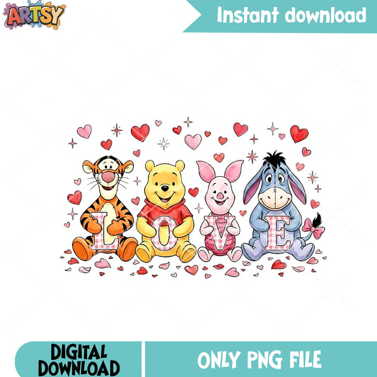 Winnie the pooh png, valentine characters png, heart sparkle png
