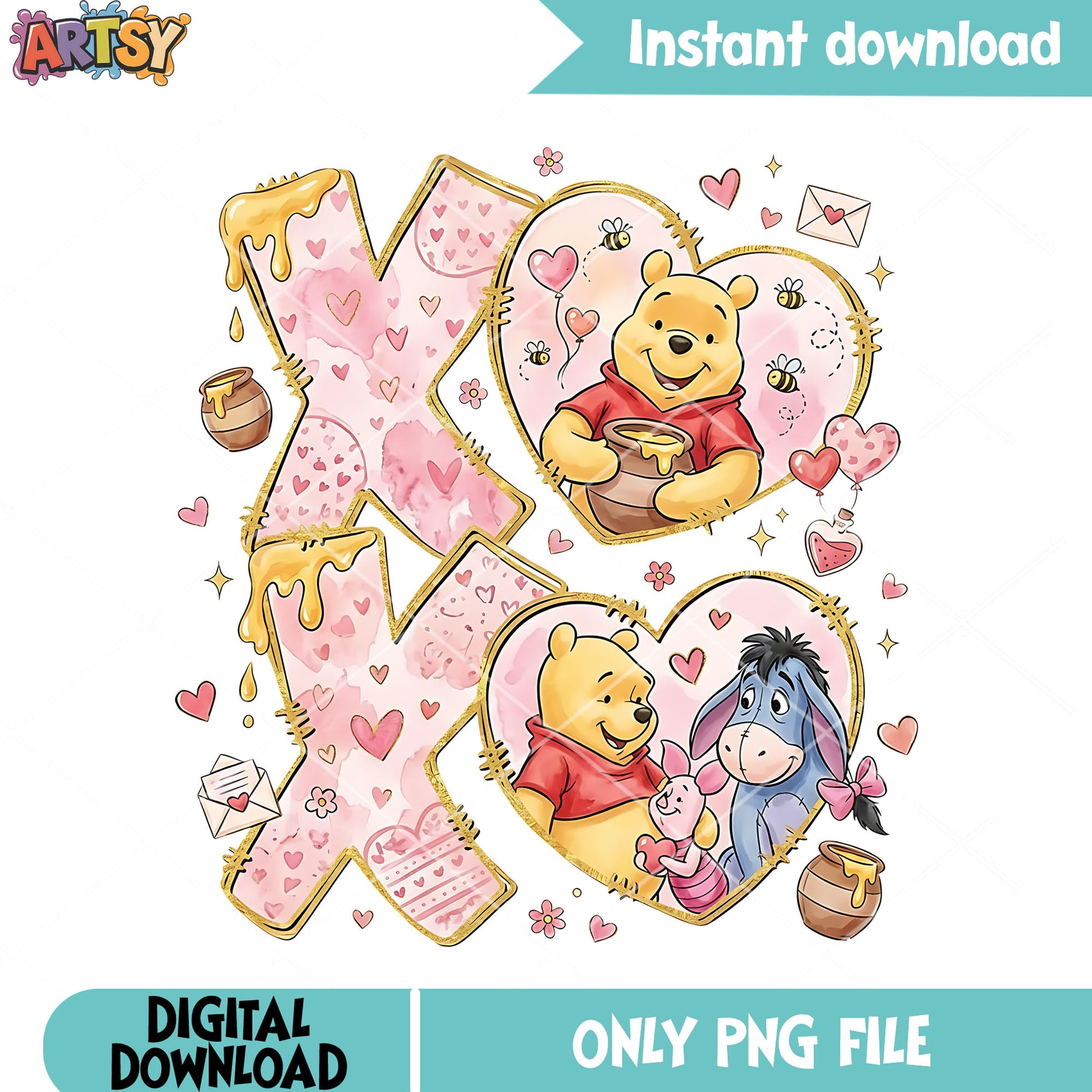 Winnie the pooh png,xo love theme png, watercolor hearts png