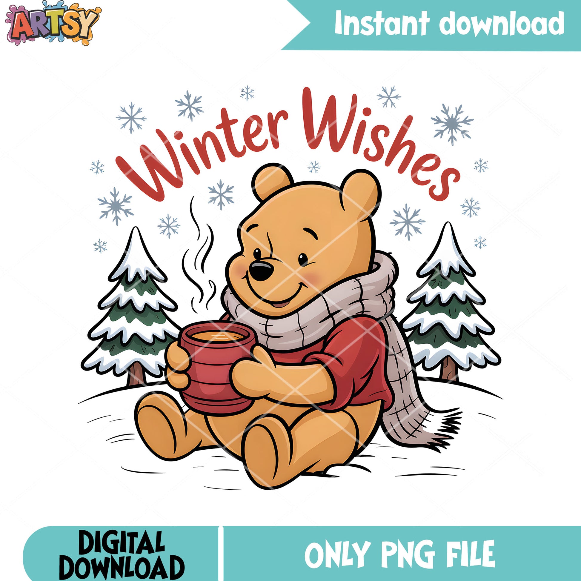 Winter wishes pooh bear png, disney pooh bear png, winter day png