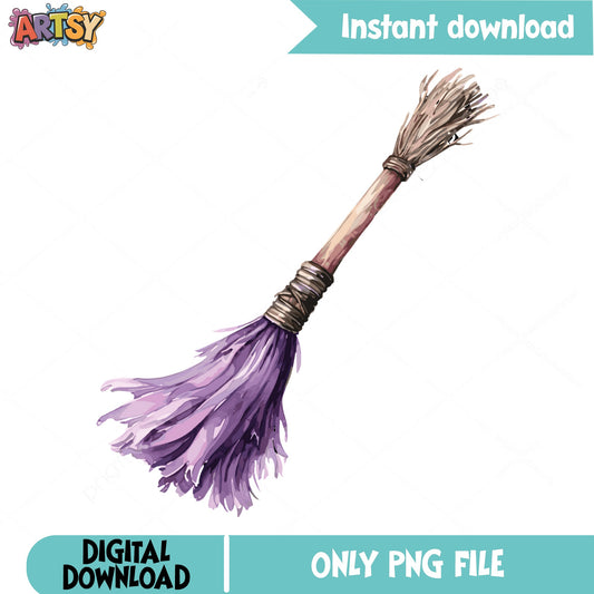 Witch Broomstick PNG, Halloween Broom Clipart, Watercolor PNG