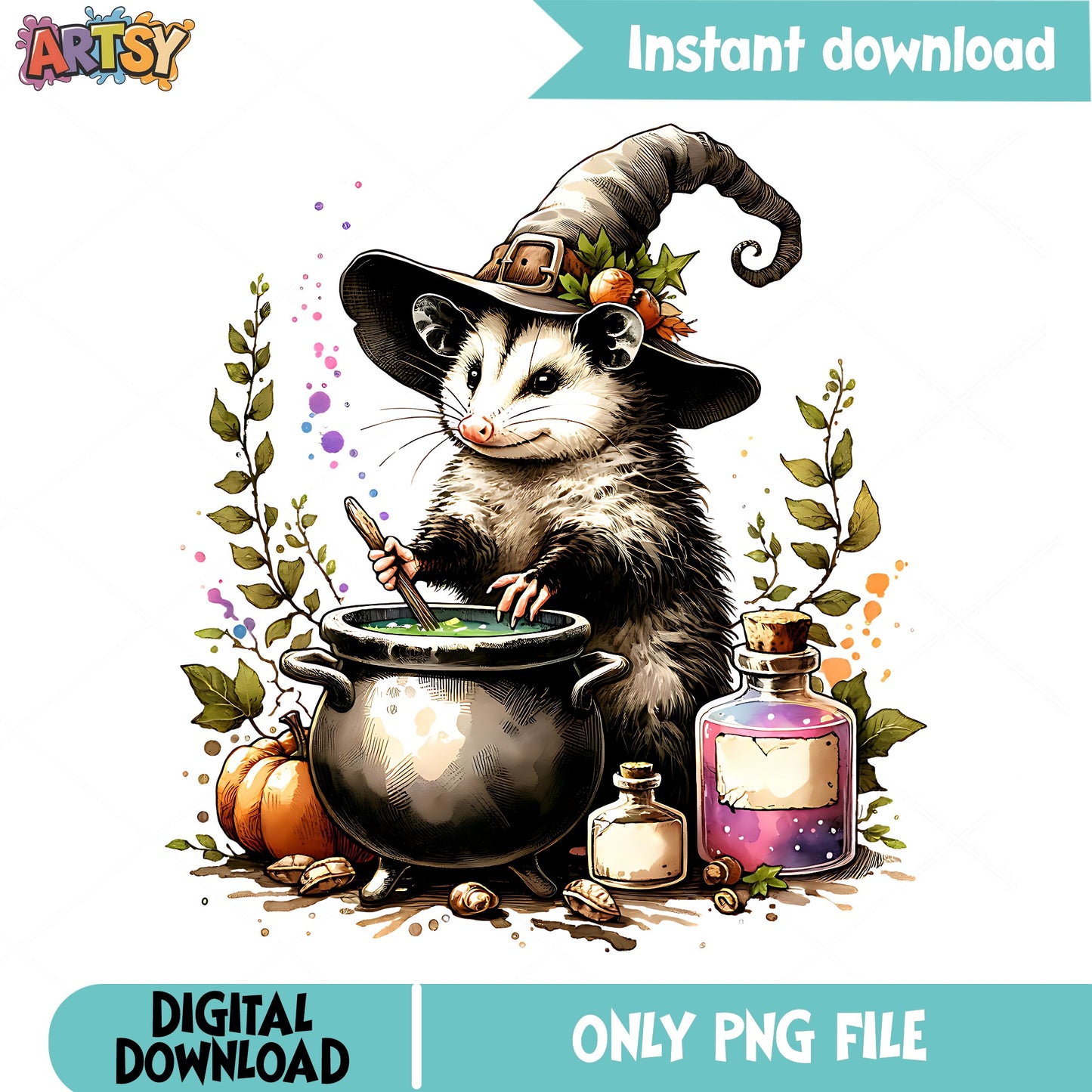Witch Opossum PNG, Halloween Cauldron Clipart, Fall Animal PNG
