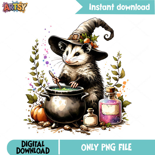 Witch Opossum PNG, Halloween Cauldron Clipart, Fall Animal PNG