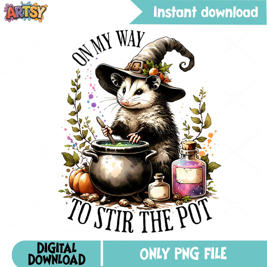 Witch Opossum Stir The Pot PNG, Halloween Cauldron PNG, Funny Halloween PNG