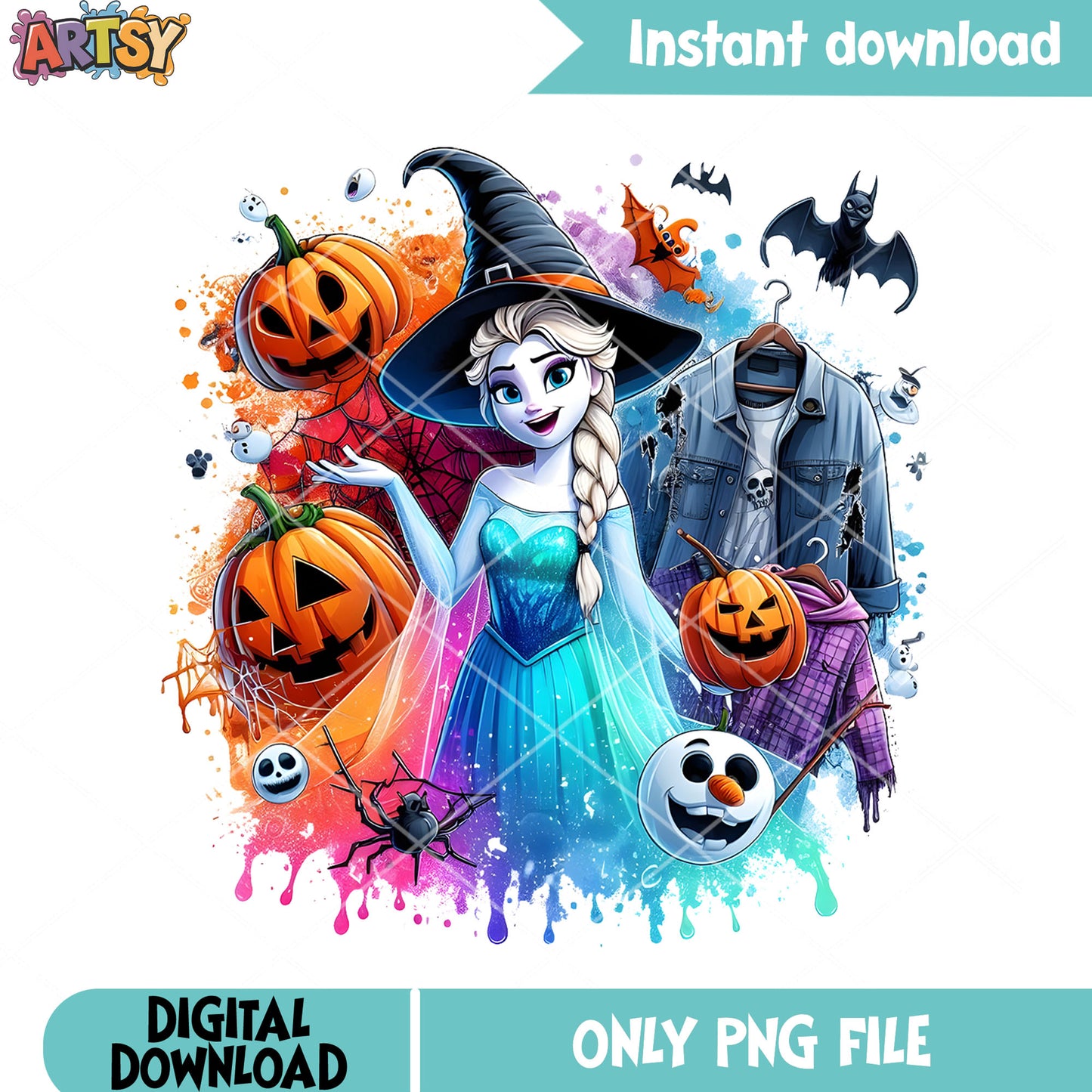 Witch costume elsa fronzen png, disney halloween png, crazy pumpkin png