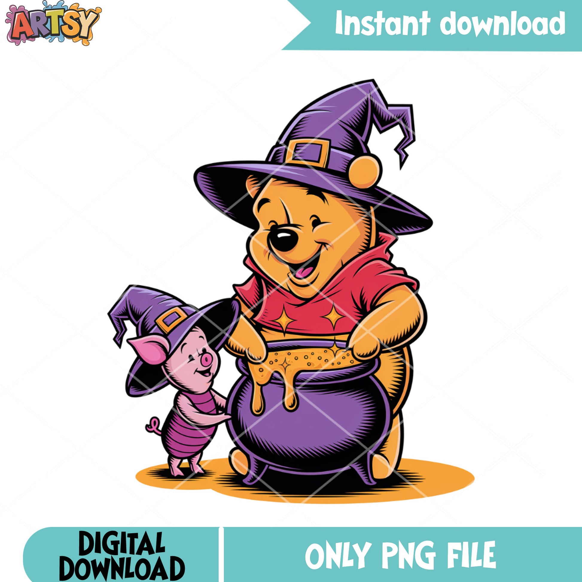 Witch costume pooh and piglet png, disney halloween png, honney jar png