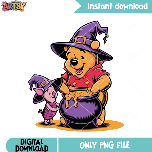 Witch costume pooh and piglet png, disney halloween png, honney jar png