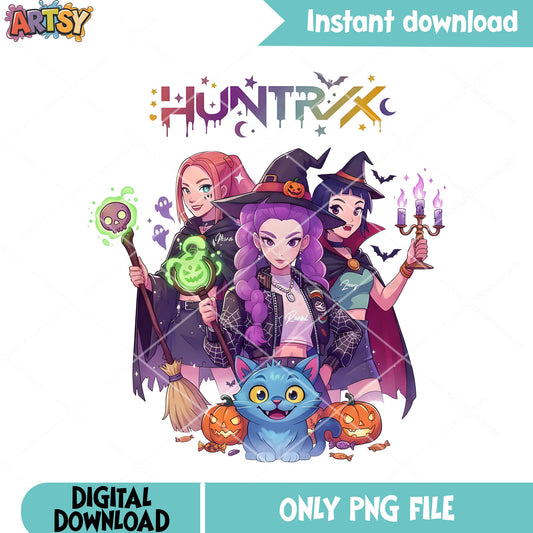 Witches kpop Huntrix party png, derpy cat png, happy halloween png