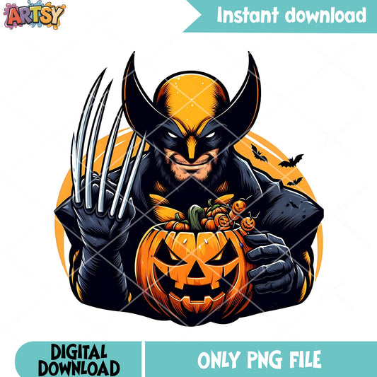 Wolverine trick or treat png, Wicker pumpkin png, dc comics halloween png 