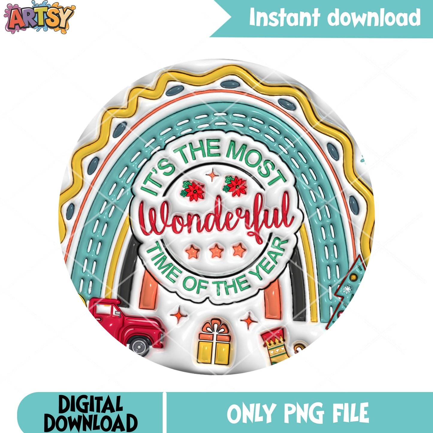 Wonderful time of the year png, retro boho rainbow png, red truck png