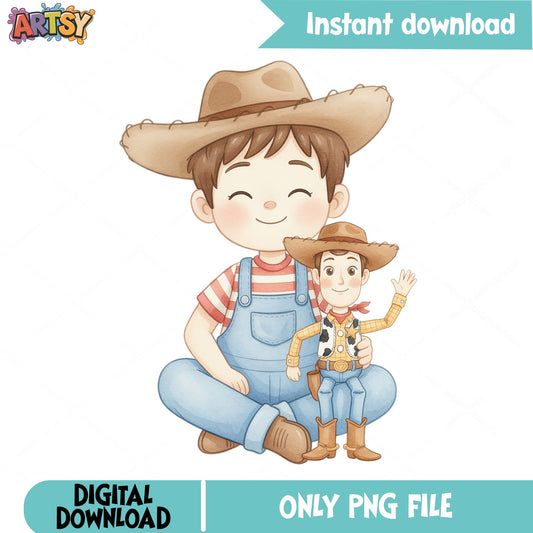 Woody Toy Story Boy With Doll PNG, Cowboy Kid PNG, Disney PNG
