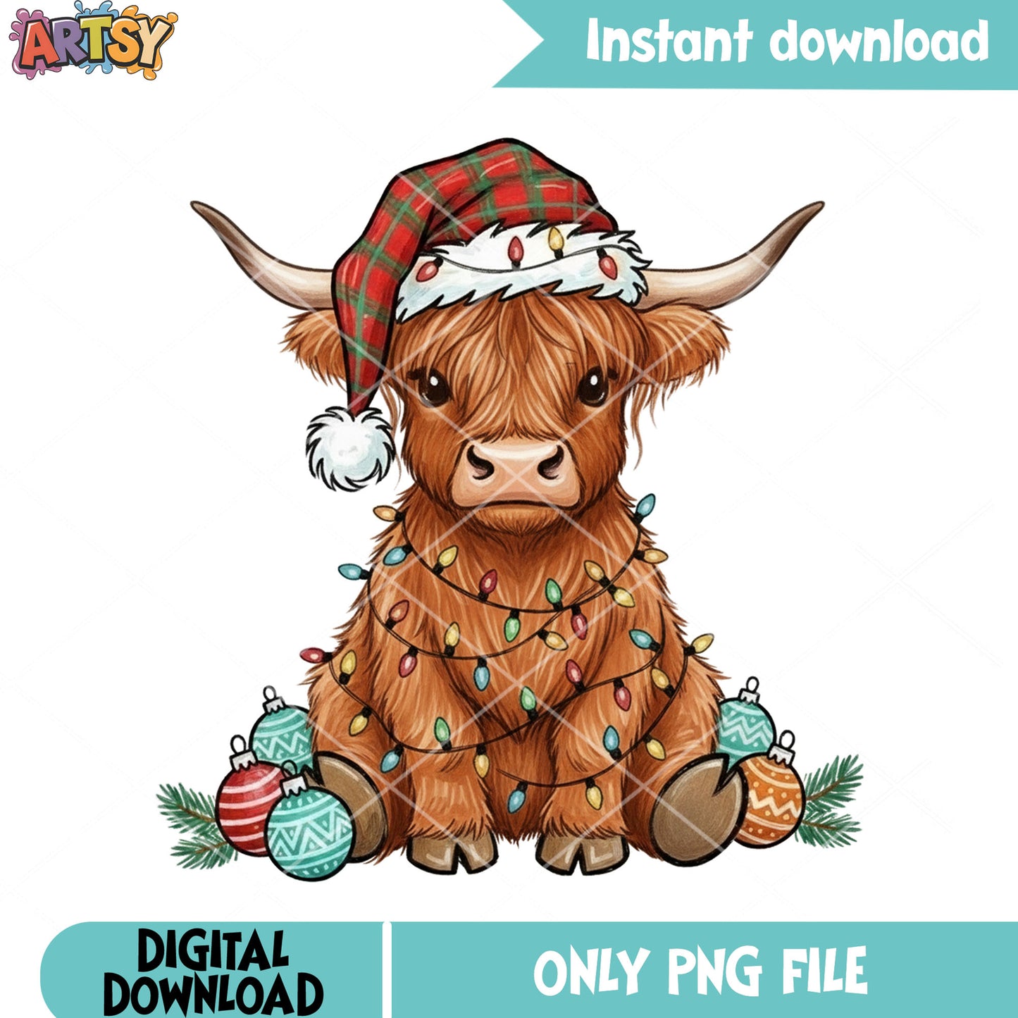 Xmas chibi highland cow png, christmas lights png, merry christmas png