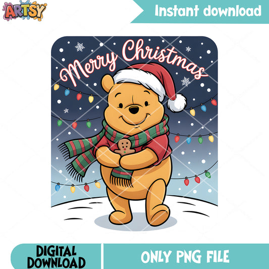 Xmas stringlight pooh poster png, pooh poster png, xmas vibes png