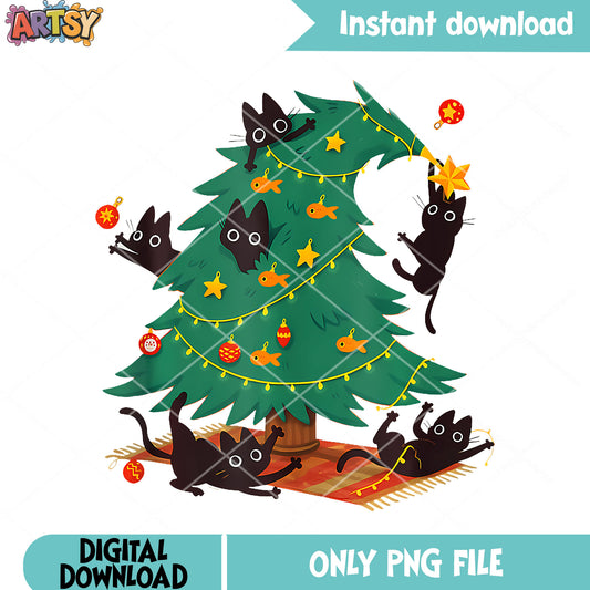 Xmas tree with cute cat png, merry christmas png, christmas tree png