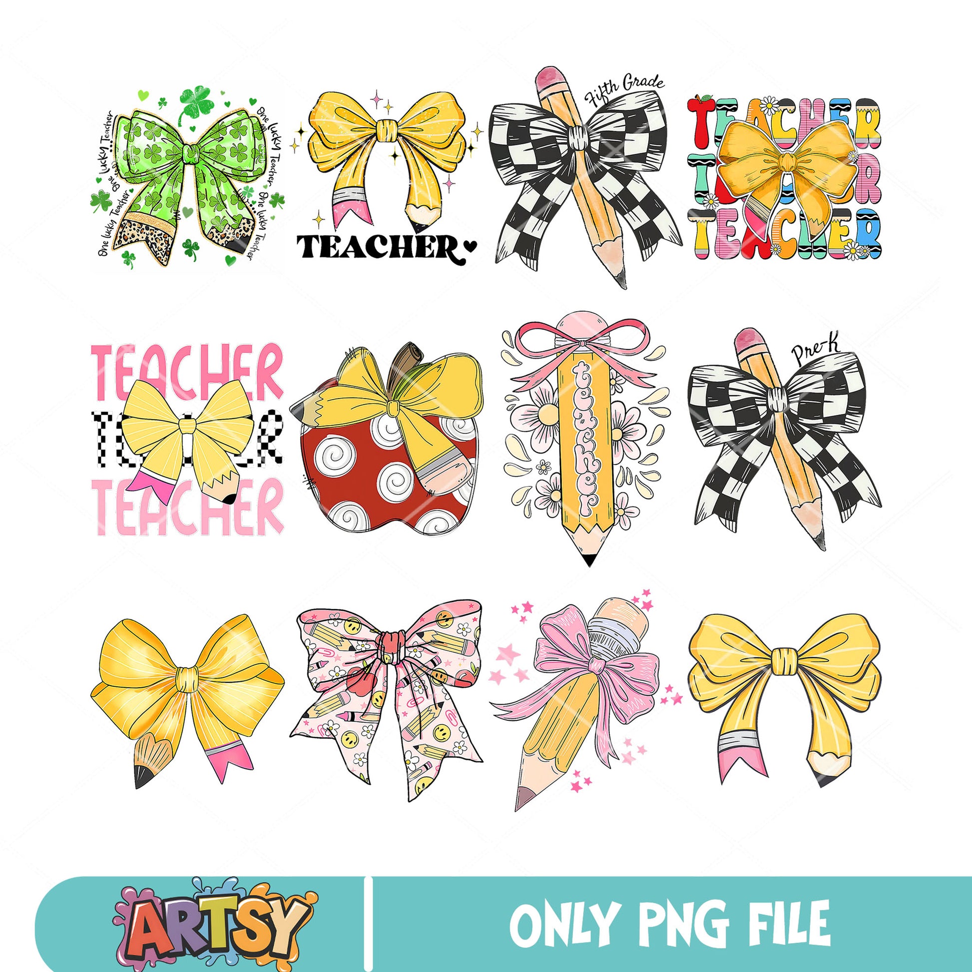 Yellow bow pencil png bundle, pencil school png, teacher apples png