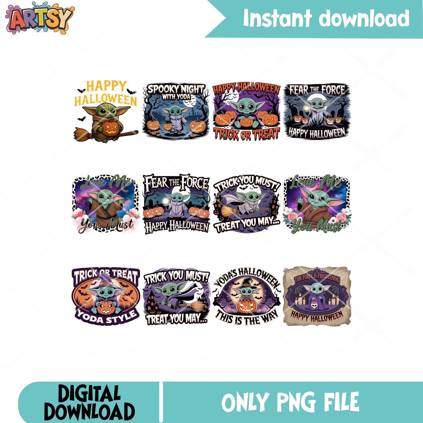 Yoda style halloween png bundle, star wars png, baby yoda png