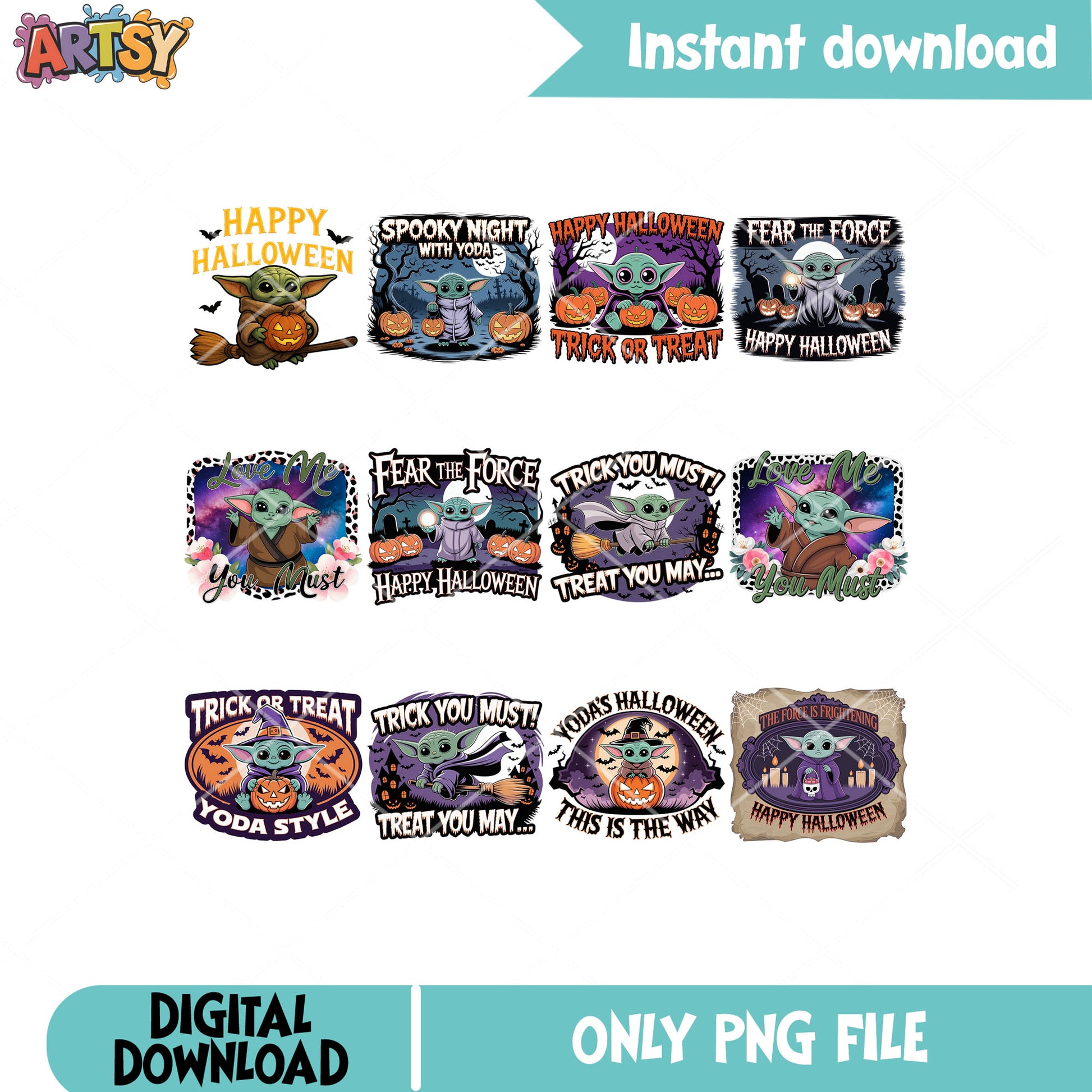 Yoda style halloween png bundle, star wars png, baby yoda png
