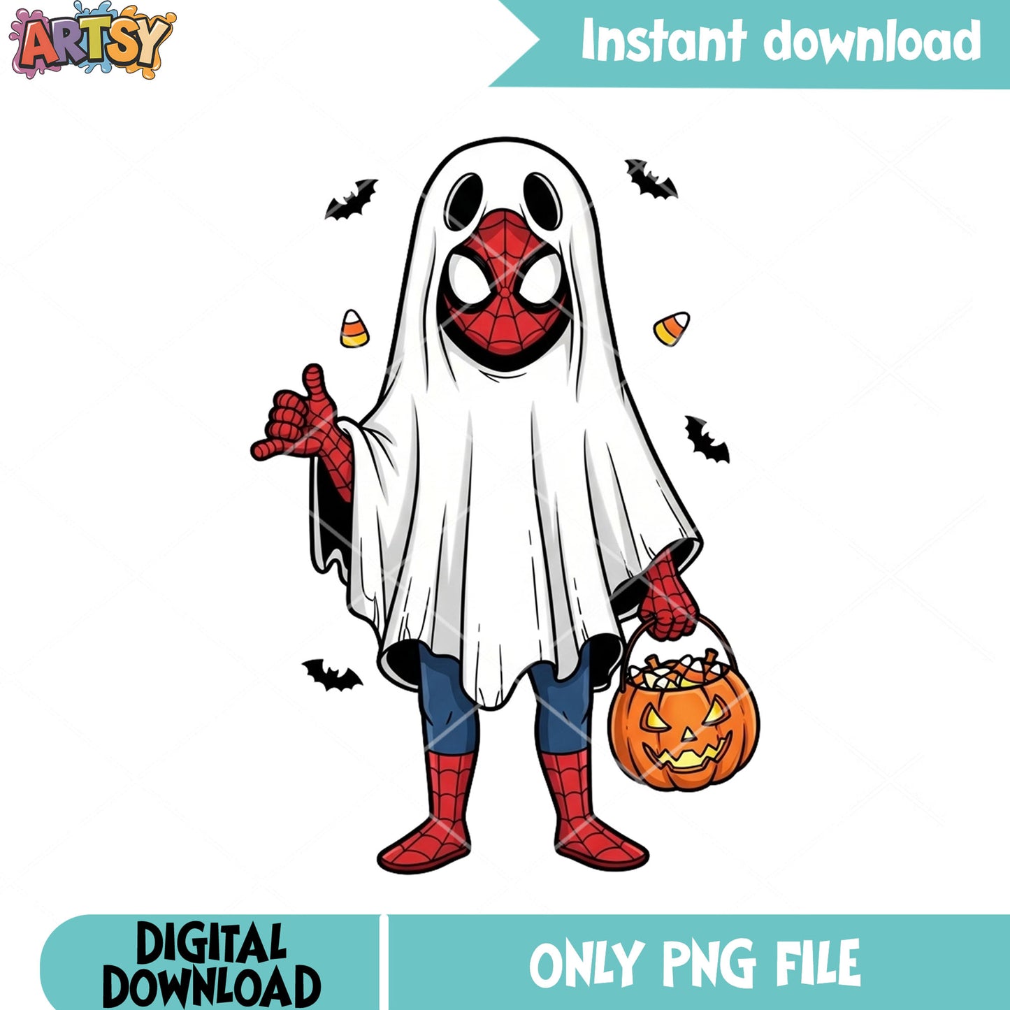 Young Spiderman trick or treat png, ghost costume png, marvel halloween png