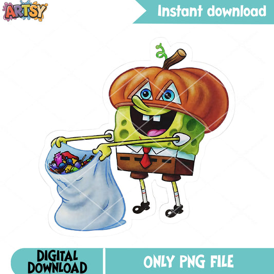Zombie sponge bob square pant  png, trick or treat png, halloween cartoon png