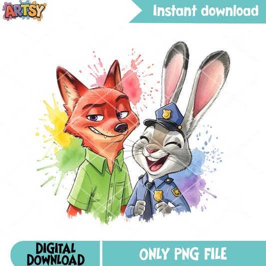 Zootopia watercolor art png, disney zootopia png, judy and nick png