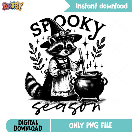 Spooky Season Raccoon Witch PNG, Halloween PNG, Cauldron PNG