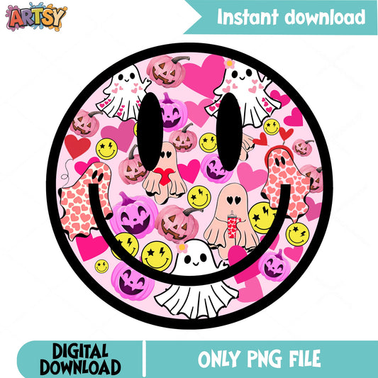 Halloween Smiley Face PNG, Pink Ghost Pumpkin, Valentine PNG