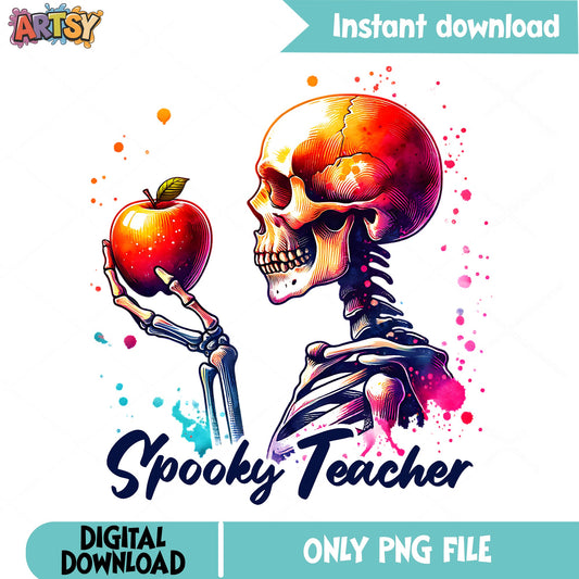Spooky Teacher Skeleton PNG, Halloween Teacher PNG, Skull PNG