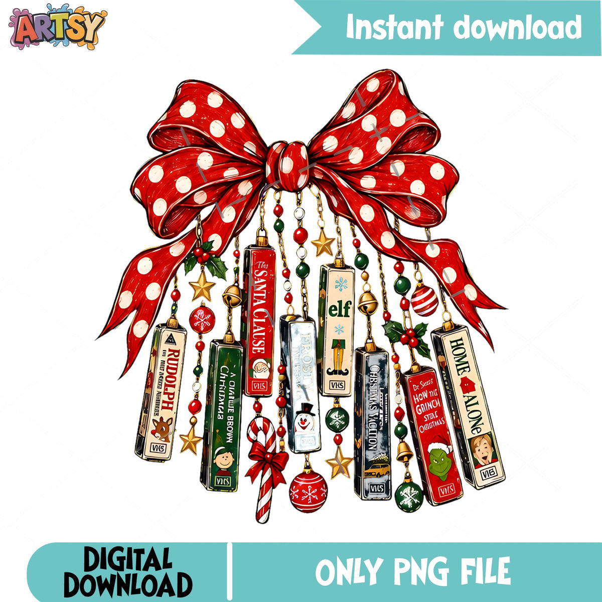 Christmas VHS Charms PNG, Polka Dot Bow PNG, Movie Ornament PNG