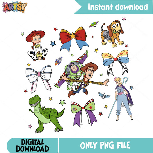 Toy Story Characters With Bows PNG Bundle, Disney Pixar PNG, Woody Buzz PNG