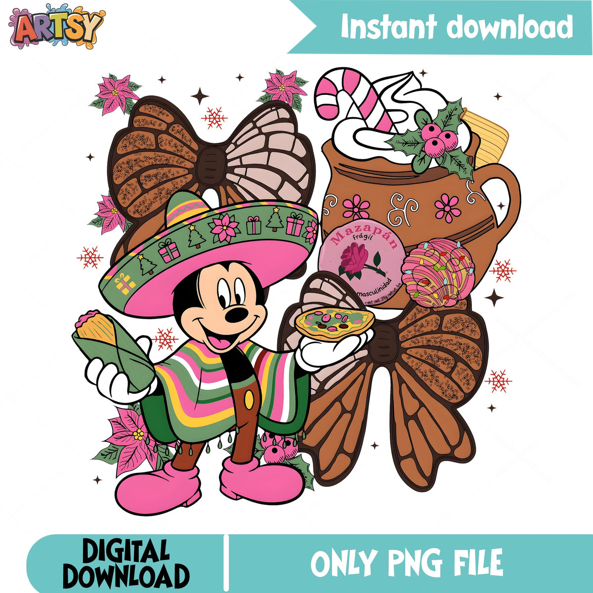 Mickey Mexican Christmas PNG, Feliz Navidad PNG, Hot Chocolate PNG