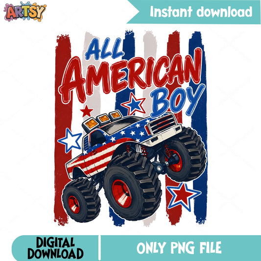 All American Boy Monster Truck PNG, 4th Of July PNG, Boys PNG