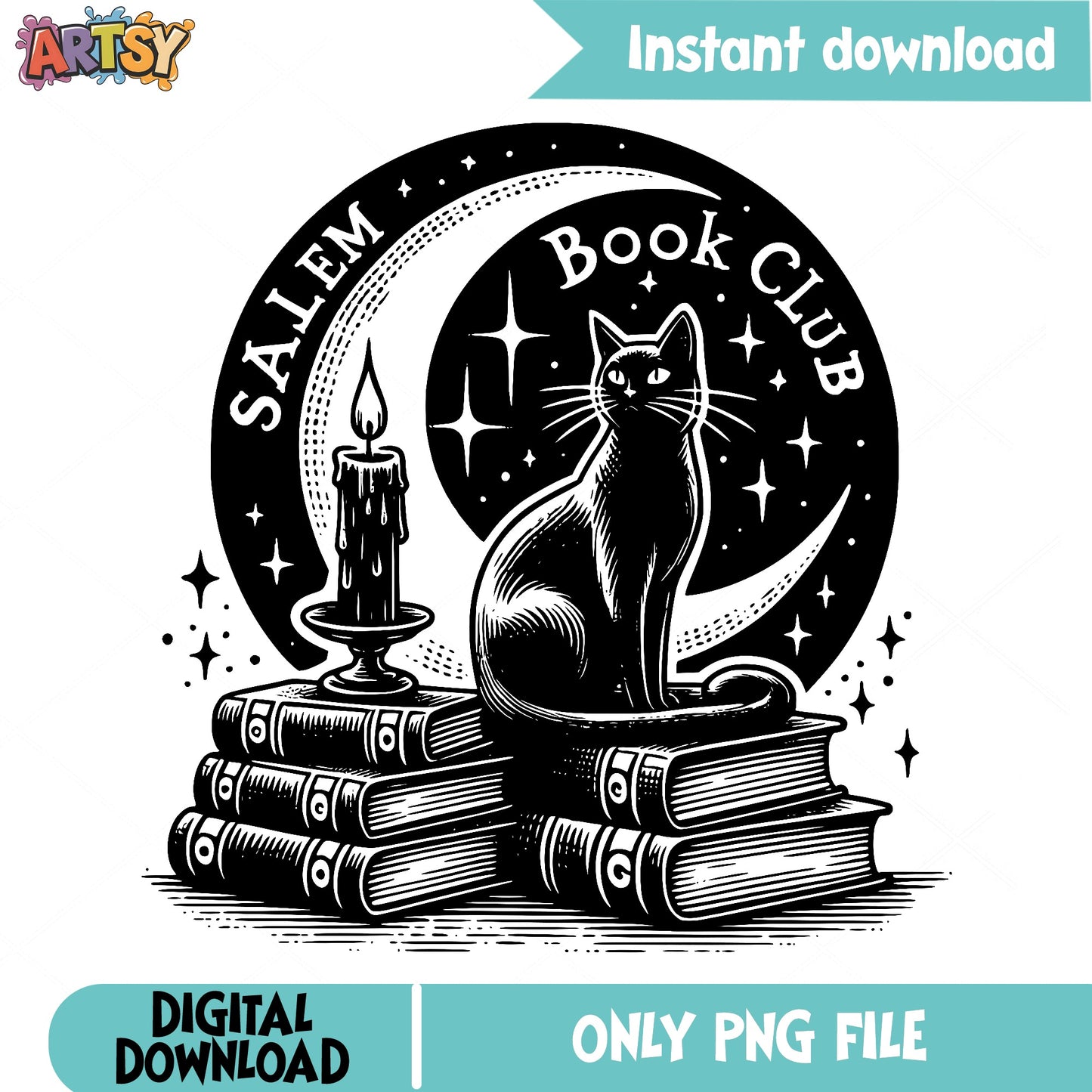 Salem Book Club PNG, Black Cat Halloween PNG, Witch PNG