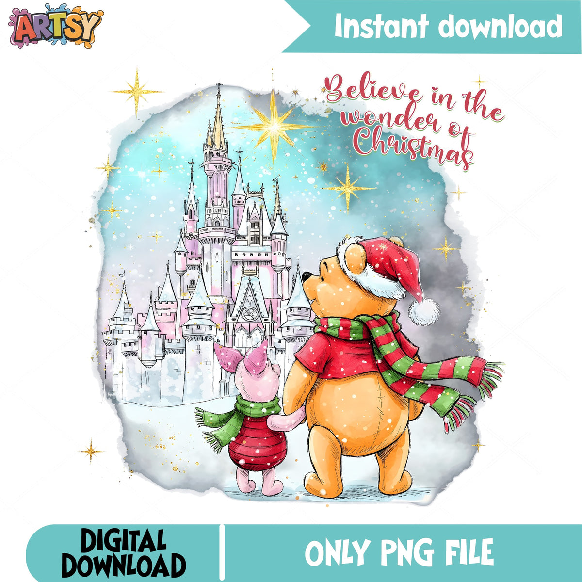 Winnie Pooh Christmas Castle PNG, Piglet Winter PNG, Believe PNG