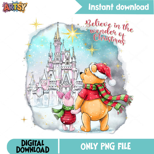 Winnie Pooh Christmas Castle PNG, Piglet Winter PNG, Believe PNG