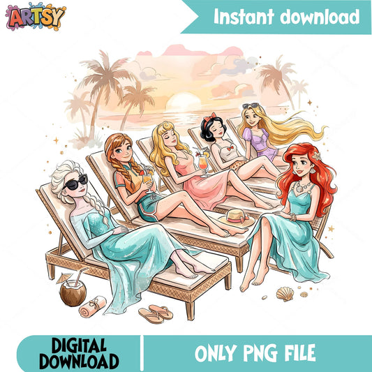 Princess Beach Sunset PNG, Elsa Ariel PNG, Summer Vacation PNG