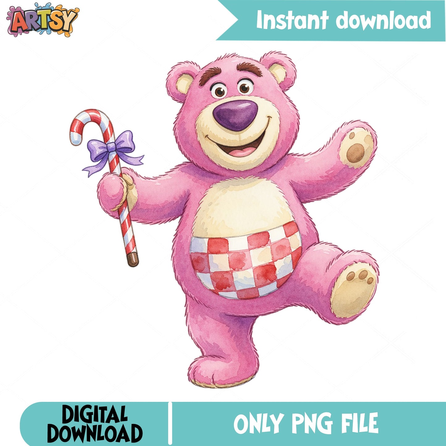 Lotso Bear Christmas PNG, Toy Story Disney PNG, Candy Cane PNG