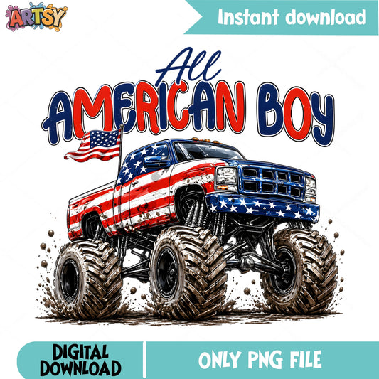 All American Boy Monster Truck PNG, 4th Of July PNG, Boys PNG