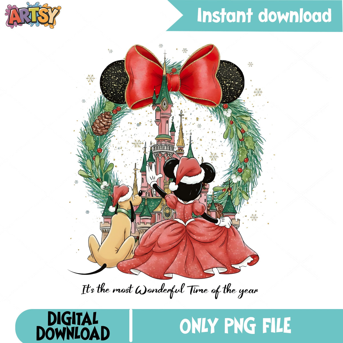 Mickey Christmas Wreath PNG, Minnie Bow PNG, Wonderful Time PNG