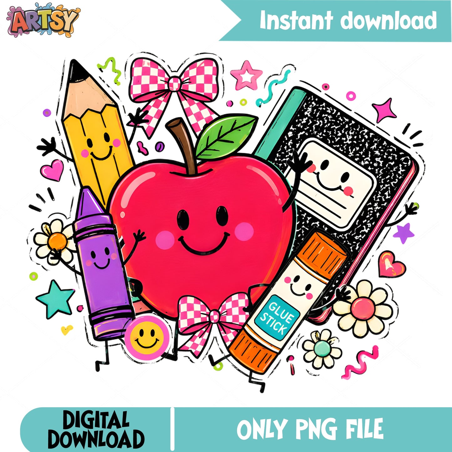 Back To School Cute Characters PNG, School Supplies PNG, Teacher PNG